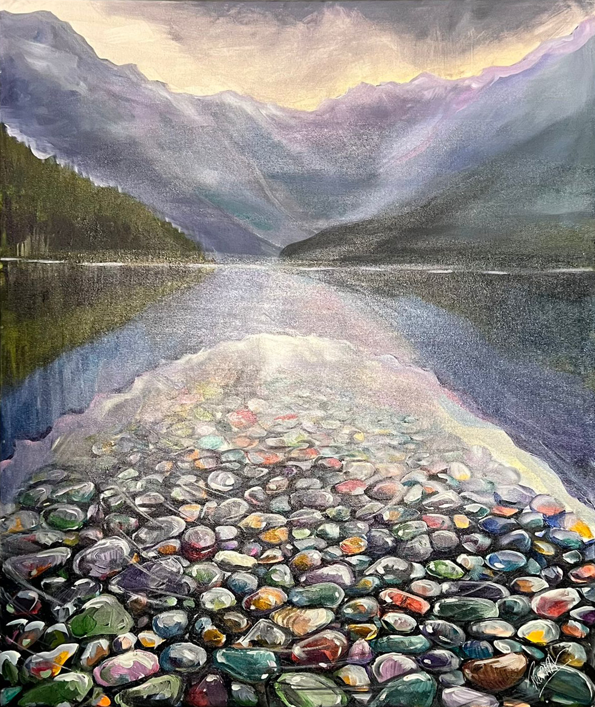 Serene Horizon: A Tapestry of Pebbles and Mountains 24 x 30 inches
